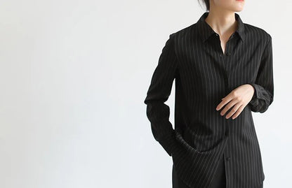 MEXZT Vintage Black Striped Shirts Women Office Long Sleeve Loose Casual Blouses Lady Korean Fashion Elegant Chic All Match Tops