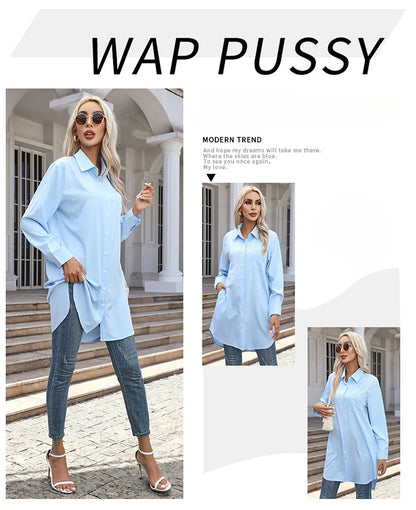 Long Shirt Women 2023 Vintage Pocket Shirts &Blouses Oversized Long Sleeve Blouse Fashion Women's Clothing Button Up Womens Tops
