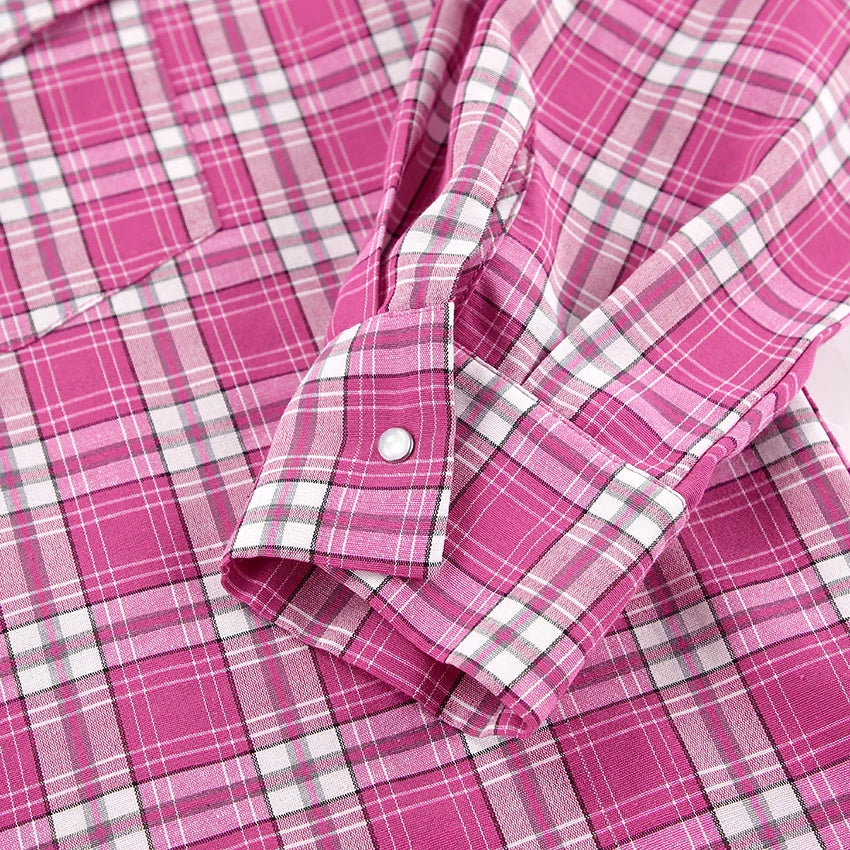 Mnealways18 Pink Brightly Plaid Shirts For Women Spring Summer 2024 Long Sleeves Classic Lapel Blouses And Tops Oversize Checked