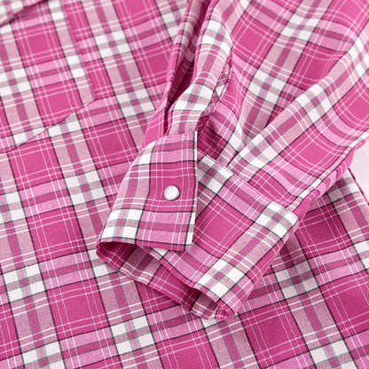 Mnealways18 Pink Brightly Plaid Shirts For Women Spring Summer 2024 Long Sleeves Classic Lapel Blouses And Tops Oversize Checked