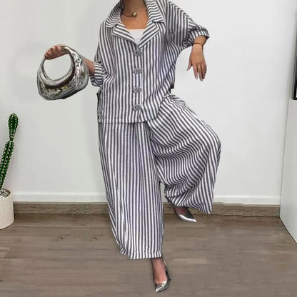 Wide-leg Pants Suit for Women Autumn Women's Casual Suit with Long-sleeved Shirt Top Wide-leg Harem Pants Lapel Striped