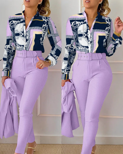 Women's elegant print shirt and pants two piece sets