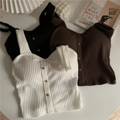 Women Summer Elastic Tank Top Crop Camisole Sleeveless T Shirt Spaghetti Vest Knitted Camis Female Vest Tops White Black
