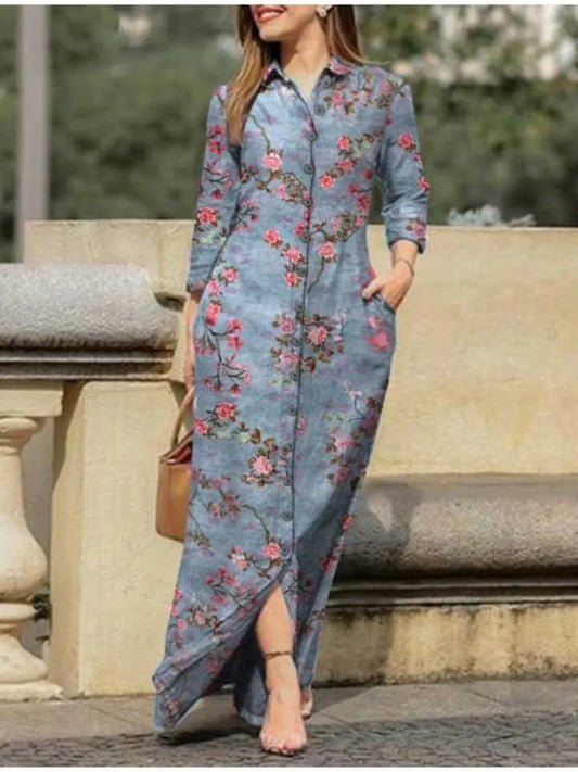 Vintage Flower Print Loose Shirt Dress Autumn Fashion Lapel Collar Button Dress Women Casual Long Sleeve Pocket Maxi Dresses