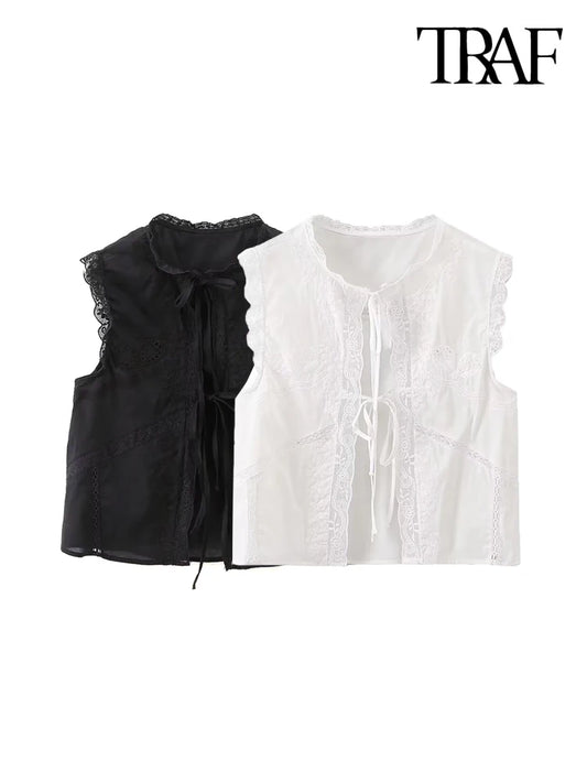 TRAF-Women's Lace Embroidery Blouses, O Neck, Sleeveless, Front Tied, Female Shirts, Chic Tops, Fashion