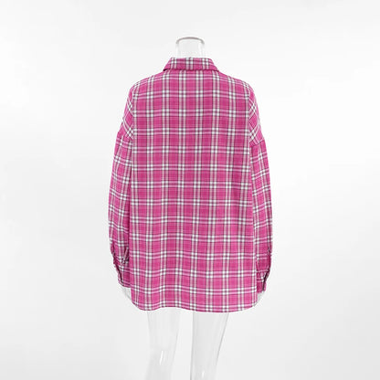 Mnealways18 Pink Brightly Plaid Shirts For Women Spring Summer 2024 Long Sleeves Classic Lapel Blouses And Tops Oversize Checked