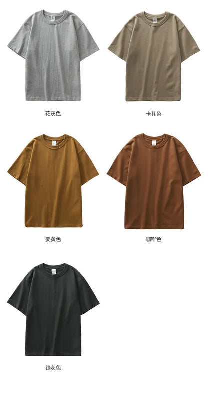 Japanese 320G Heavyweight Short Sleeve T-shirt Men's Summer Pure Cotton Thick Neckline Pure White Half Sleeve T-shirt