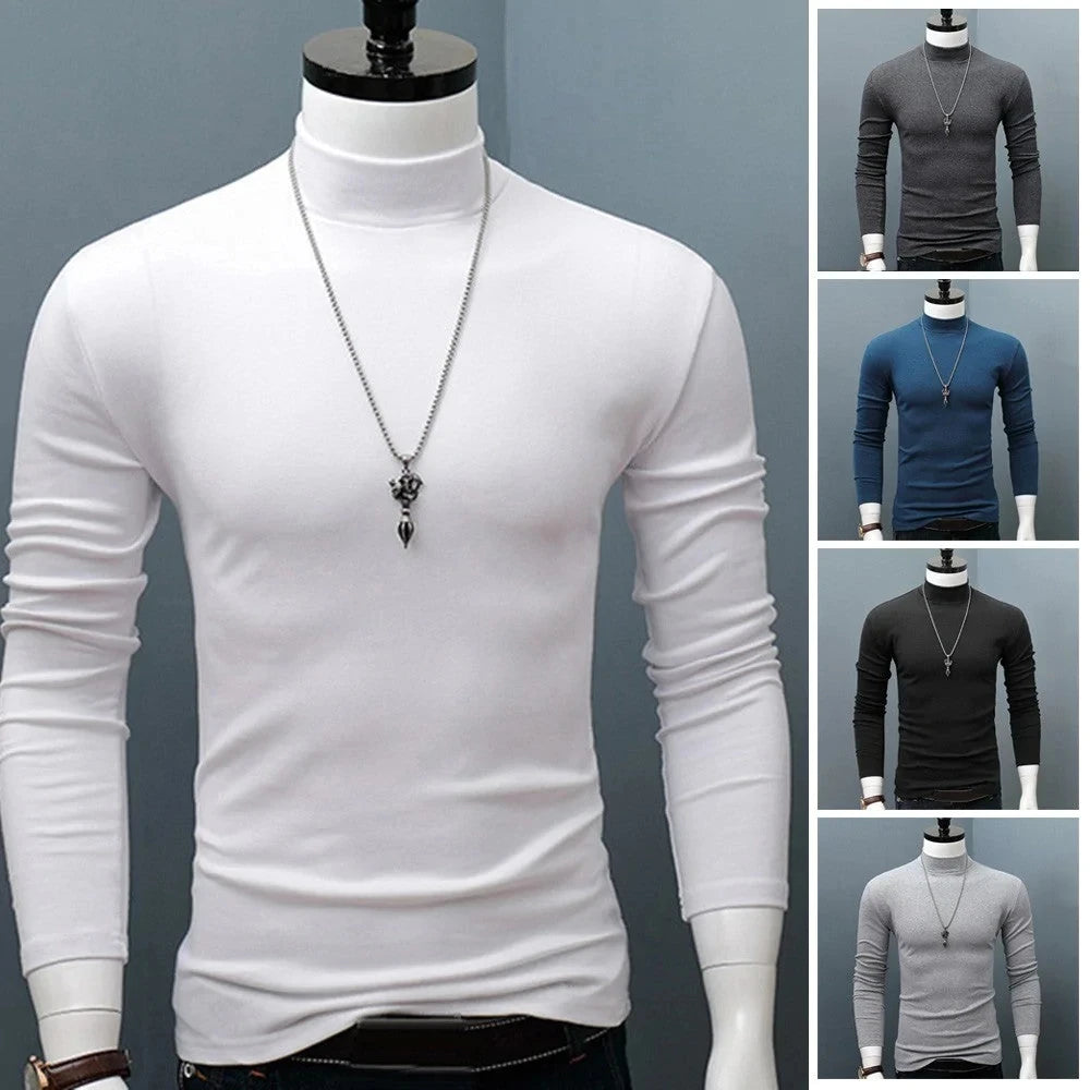 Fashion Men's Casual Slim Fit Basic Turtleneck Cotton T-Shirt High Collar Pullover Male Autumn Spring Thin Tops Basic Bottoming