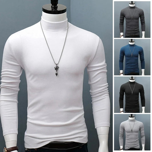 Fashion Men's Casual Slim Fit Basic Turtleneck Cotton T-Shirt High Collar Pullover Male Autumn Spring Thin Tops Basic Bottoming