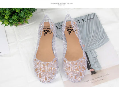 Summer women sandals flat-soled crystal clogs hollow flat-soled slip-ons shallow mouth Roman jelly shoes beach sandals