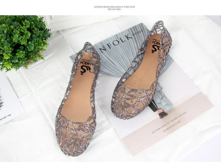 Summer women sandals flat-soled crystal clogs hollow flat-soled slip-ons shallow mouth Roman jelly shoes beach sandals