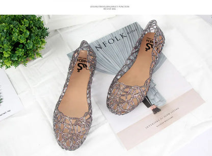 Summer women sandals flat-soled crystal clogs hollow flat-soled slip-ons shallow mouth Roman jelly shoes beach sandals