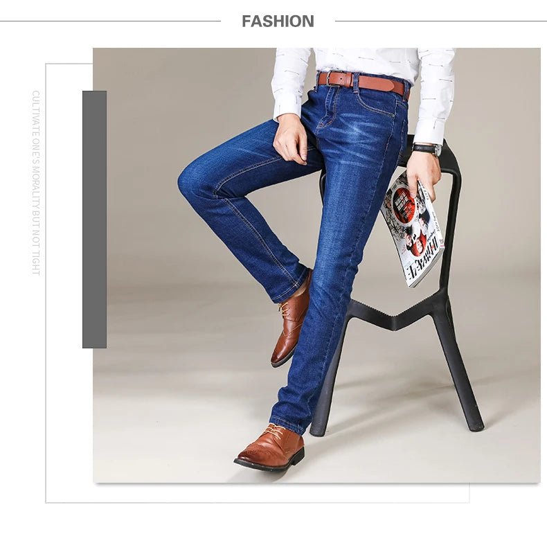 Business Men's Jeans Casual Straight Stretch Fashion Classic Blue Black Work Denim Trousers Male Brand Clothing
