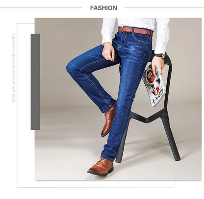 Business Men's Jeans Casual Straight Stretch Fashion Classic Blue Black Work Denim Trousers Male Brand Clothing
