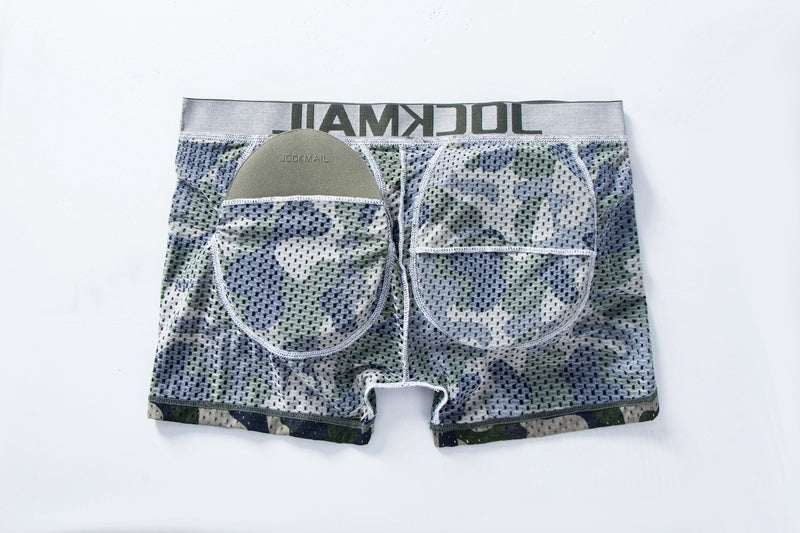 Men's Sexy Fashion Ice Silk Mesh Breathable Soft Comfortable Butt Lift Boxer Briefs Underwear Low Waist Camouflage Quick Dry