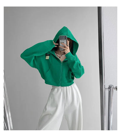 Harajuku Women Sweatshirts Korean Fashion Sportswear Female Zip Up Hoodies Vintage Streetwear Basic Casual Cropped Top Autumn