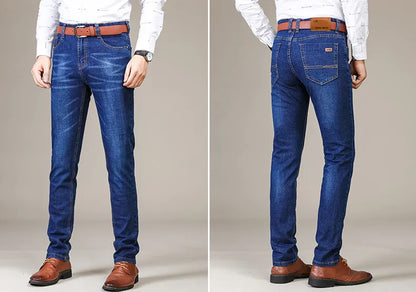 Business Men's Jeans Casual Straight Stretch Fashion Classic Blue Black Work Denim Trousers Male Brand Clothing