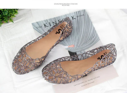 Summer women sandals flat-soled crystal clogs hollow flat-soled slip-ons shallow mouth Roman jelly shoes beach sandals