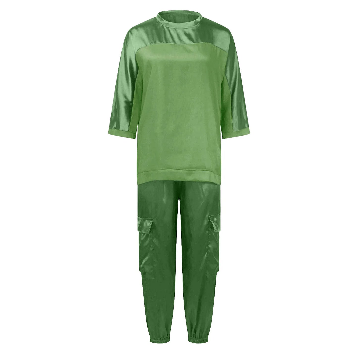 Women's Smooth Satin Short-sleeved Top and Pants Two-piece Set Spring O-neck Lace Up Outfits Summer Sleek Elegance Leisure Suit