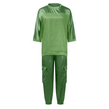 Women's Smooth Satin Short-sleeved Top and Pants Two-piece Set Spring O-neck Lace Up Outfits Summer Sleek Elegance Leisure Suit