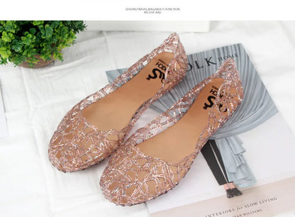 Summer women sandals flat-soled crystal clogs hollow flat-soled slip-ons shallow mouth Roman jelly shoes beach sandals