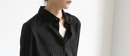MEXZT Vintage Black Striped Shirts Women Office Long Sleeve Loose Casual Blouses Lady Korean Fashion Elegant Chic All Match Tops