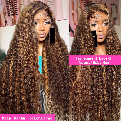 200 Density 30 Inch Highlight Honey Brown Curly  Lace Front Human Hair Wigs 13x4 13x6 Ombre Color Deep Water Wave Frontal Wigs