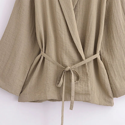 Vintage Lace Up Pants Sets Women Loose Lapel Long Sleeve Shirts Wide Leg Trouser 2024 Spring Summer Women's 2-piece Pant Set New