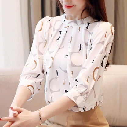 Fashion Women's Clothing Summer Printed Chiffon Blouse Casual Puff Half Sleeve Office Shirt Korean Stand Collar Tops Blusas 2480