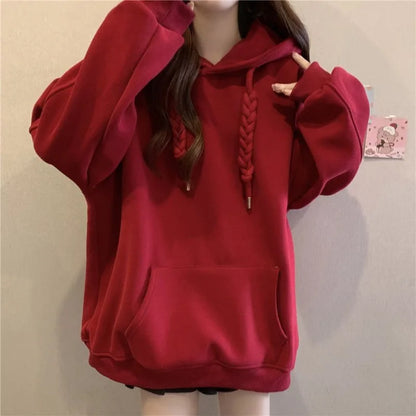 QWEEK Korean Style Hooded Sweatshirts Christmas Red Women's Hoodie Oversize Long Sleeve Pullovers Autumn Winter Warm Fashion New