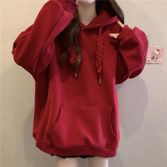 QWEEK Korean Style Hooded Sweatshirts Christmas Red Women's Hoodie Oversize Long Sleeve Pullovers Autumn Winter Warm Fashion New
