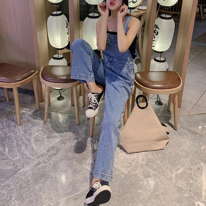 Loose Denim Overalls Stylish Women's Denim Suspender Jumpsuit with Adjustable Straps High Waist Wide Leg Fashionable Overalls