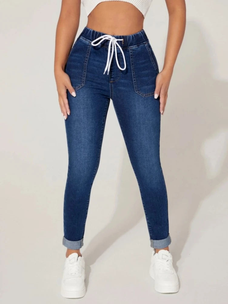 Women's winter High Stretch Elastic Waist Drawstring Jeans