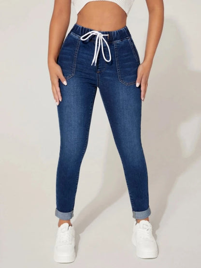 Women's winter High Stretch Elastic Waist Drawstring Jeans