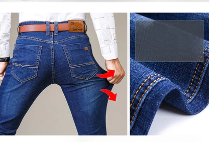 Business Men's Jeans Casual Straight Stretch Fashion Classic Blue Black Work Denim Trousers Male Brand Clothing
