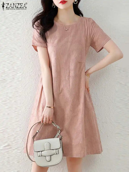 ZANZEA Holiday Texture Fabric Cotton Robe Women Knee-length Dress 2024 Summer Short Sleeve Vestido Casual Loose Solid Mini Dress