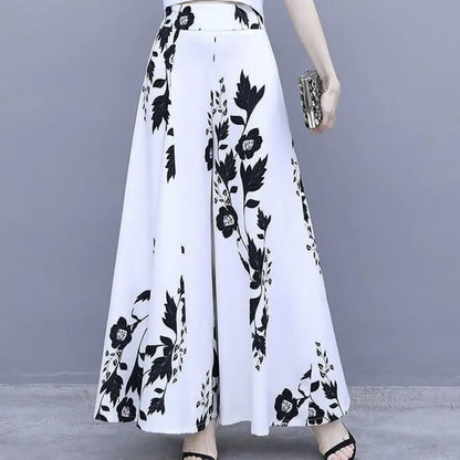Women's Summer Long Pants Skirt Contrast Color Baggy Flower Print High Waist Slimming Plus Size Trousers Skirt Daily Clothes