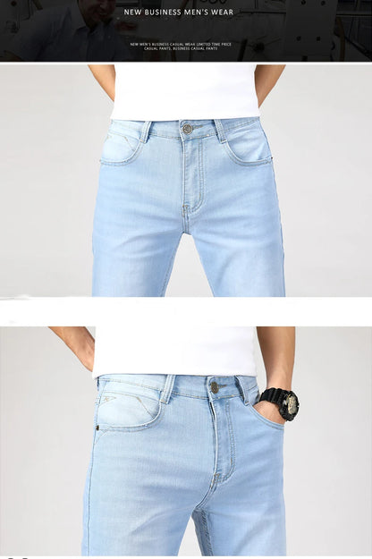 New Summer Business Men's Jeans Casual Straight Stretch Fashion Classic sky Blue  Work Denim Trousers Male Brand Clothing