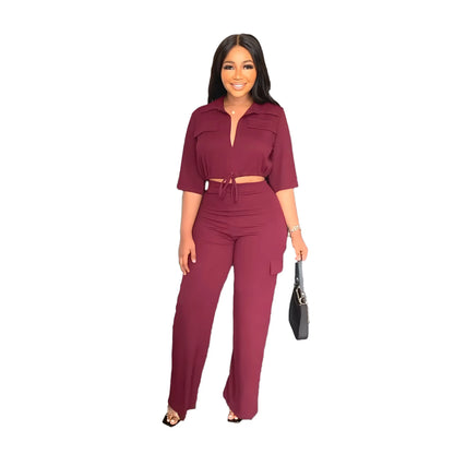 Elegant Women's Set Casual Drawstring Half Sleeve Short Blouse High Waist Straight Wide Leg Pant Suit Tracksuit Two Piece Outfit