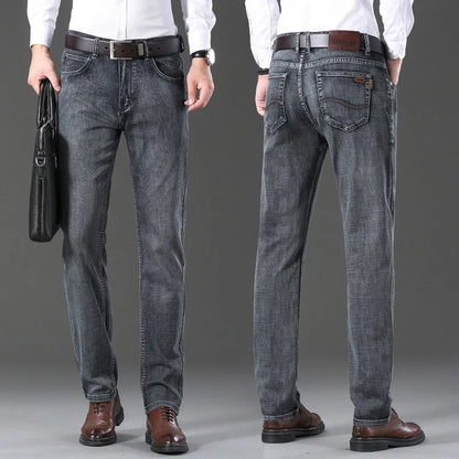 20234 Brand Men's Stretch Loose Straight Fit Jeans Men's Business Casual Denim Pants Brand New Style Trousers Mens Wear Grey