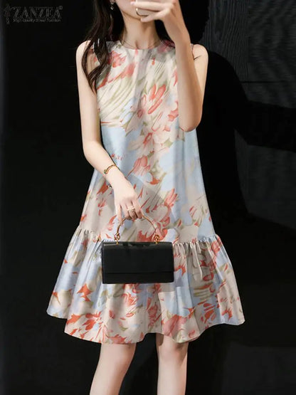 2024 ZANZEA Summer Elegant Sleeveless Dress Women Stylish Work Party Sundress Casual Tank Robe Bohemain Floral Printed Vestidos