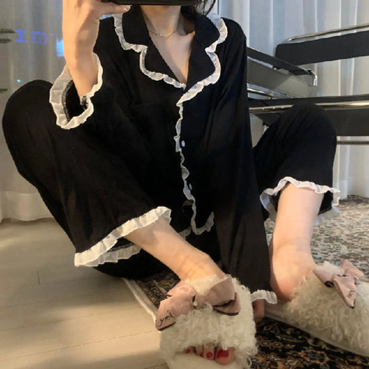 Women's Cute Pajamas Sets Autumn Winter Sleepwear Lady Long Sleeve Tops Pants 2 Pieses Solid Lingeries Sets Loungewear Nightwear
