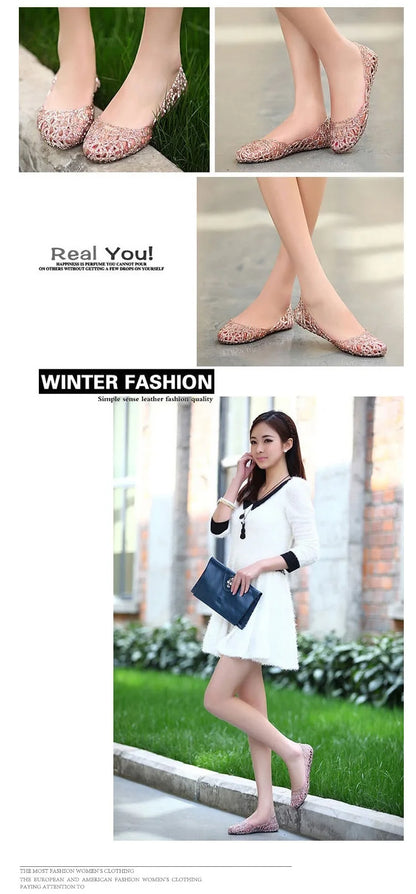 Summer women sandals flat-soled crystal clogs hollow flat-soled slip-ons shallow mouth Roman jelly shoes beach sandals