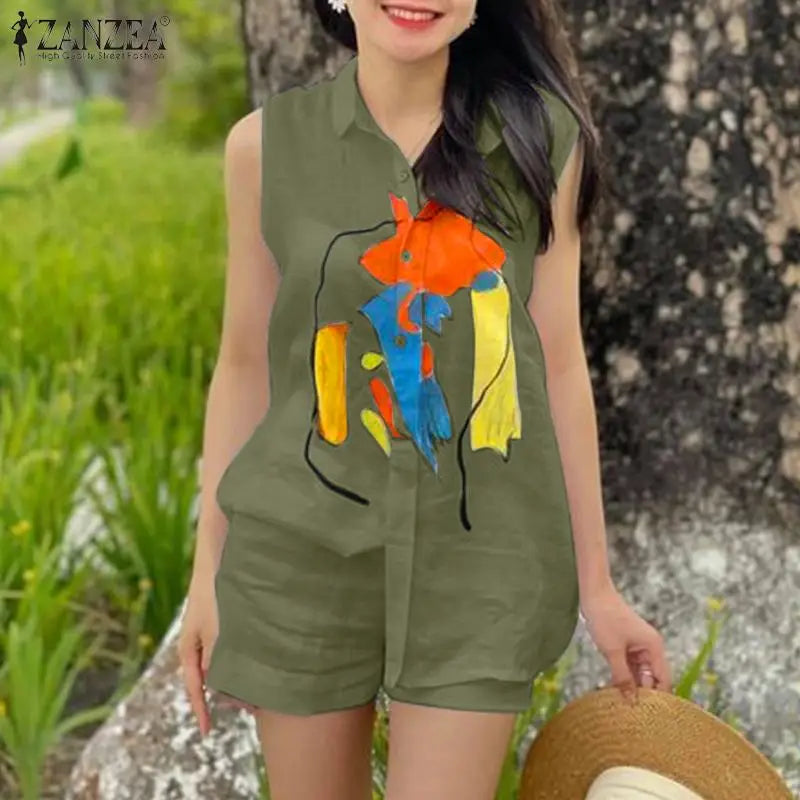 Elegant OL Work Short Sets ZANZEA 2pcs Women Outfits Summer Sleeveless Vest Tops Loose Pant Sets Casual Printed Tracksuits 2024