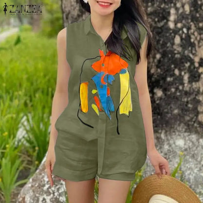 Elegant OL Work Short Sets ZANZEA 2pcs Women Outfits Summer Sleeveless Vest Tops Loose Pant Sets Casual Printed Tracksuits 2024