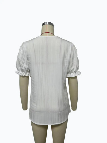 2024 Summer New Women's Blouse Top Solid Sexy V-Neck Hollow Short Sleeve Fashion Splice Plus Size Loose Street Apparel Shirt