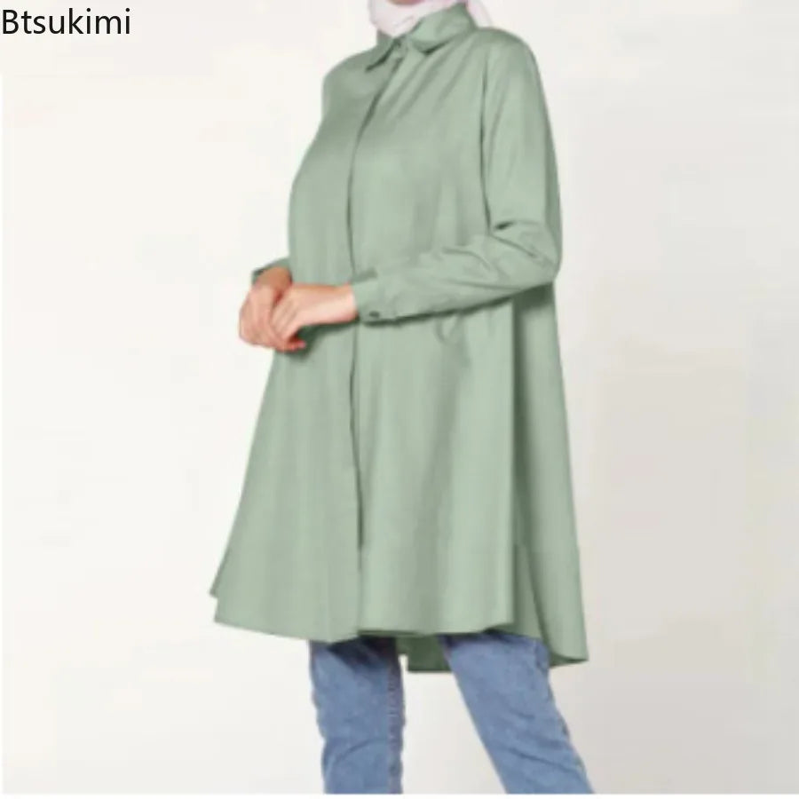 2024 Muslim Fashion Abayas for Women Oversized Solid Loose Casual Cardigan Lapel Button Tops Ladies Modest Blouses Elegant Shirt
