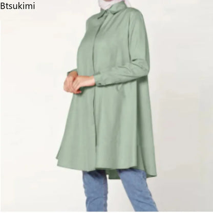 2024 Muslim Fashion Abayas for Women Oversized Solid Loose Casual Cardigan Lapel Button Tops Ladies Modest Blouses Elegant Shirt