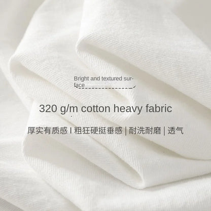 Japanese 320G Heavyweight Short Sleeve T-shirt Men's Summer Pure Cotton Thick Neckline Pure White Half Sleeve T-shirt