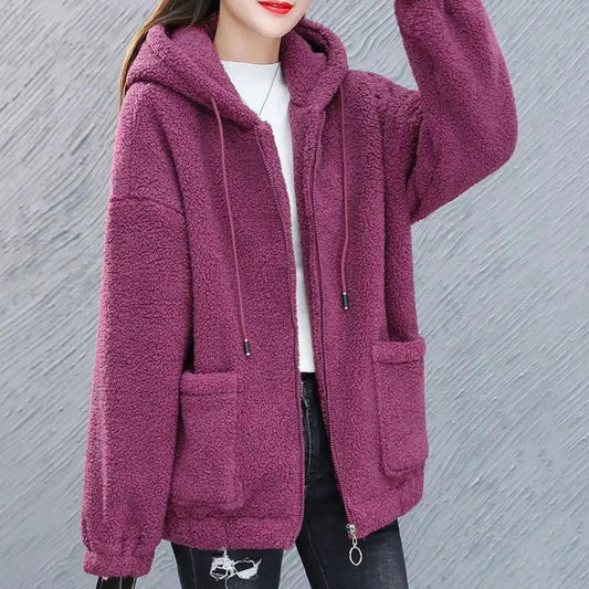 Trendy Lady Winter Coat Solid Color Drawstring Fleece Wear-resistant Women Jacket  Women Jacket    Winter Coat
